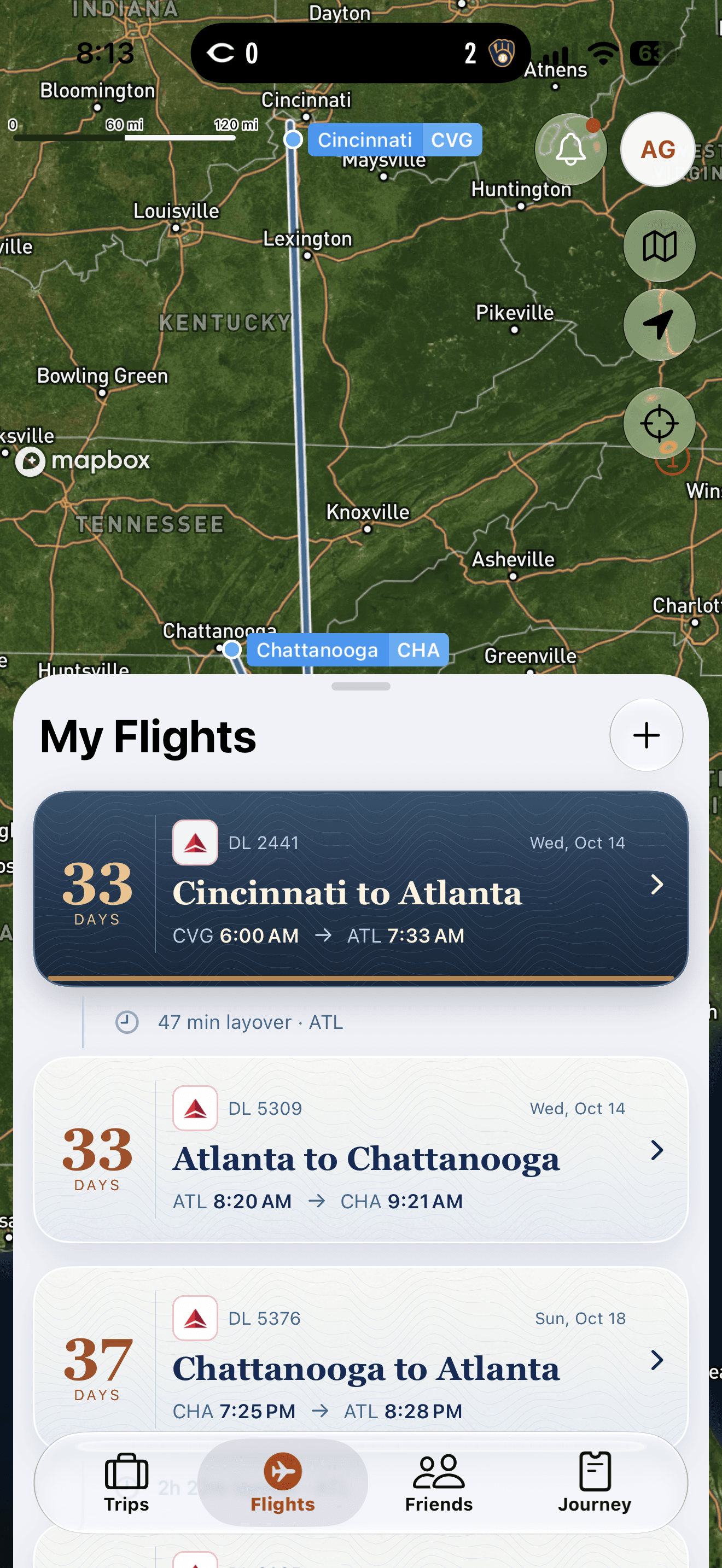 Trip360 flight map and upcoming flights