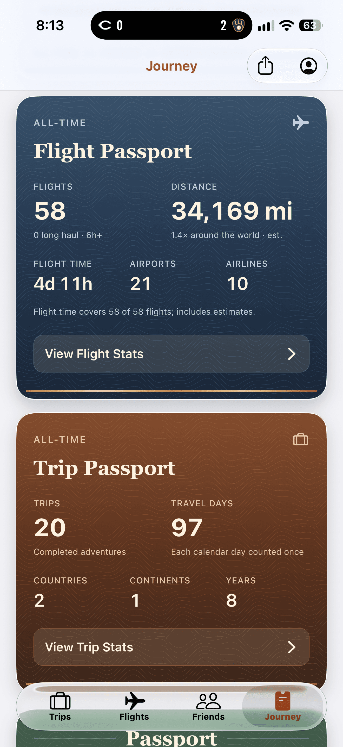 Trip Passport in the app: 20 completed trips, 97 travel days, 2 countries, 1 continent, and 8 years of travel
