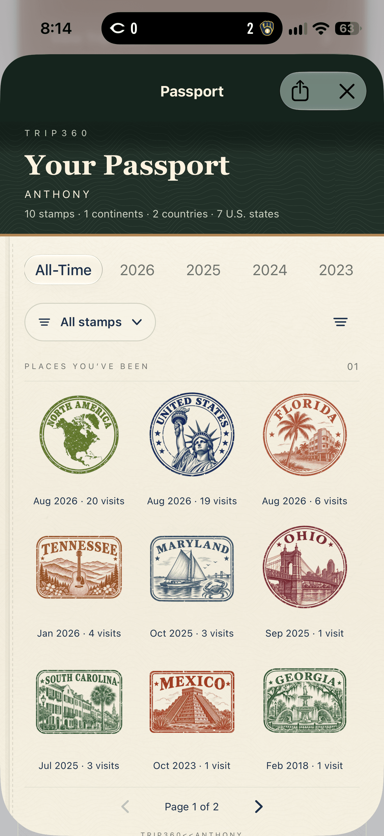 A passport stamp book with countries and US states visited