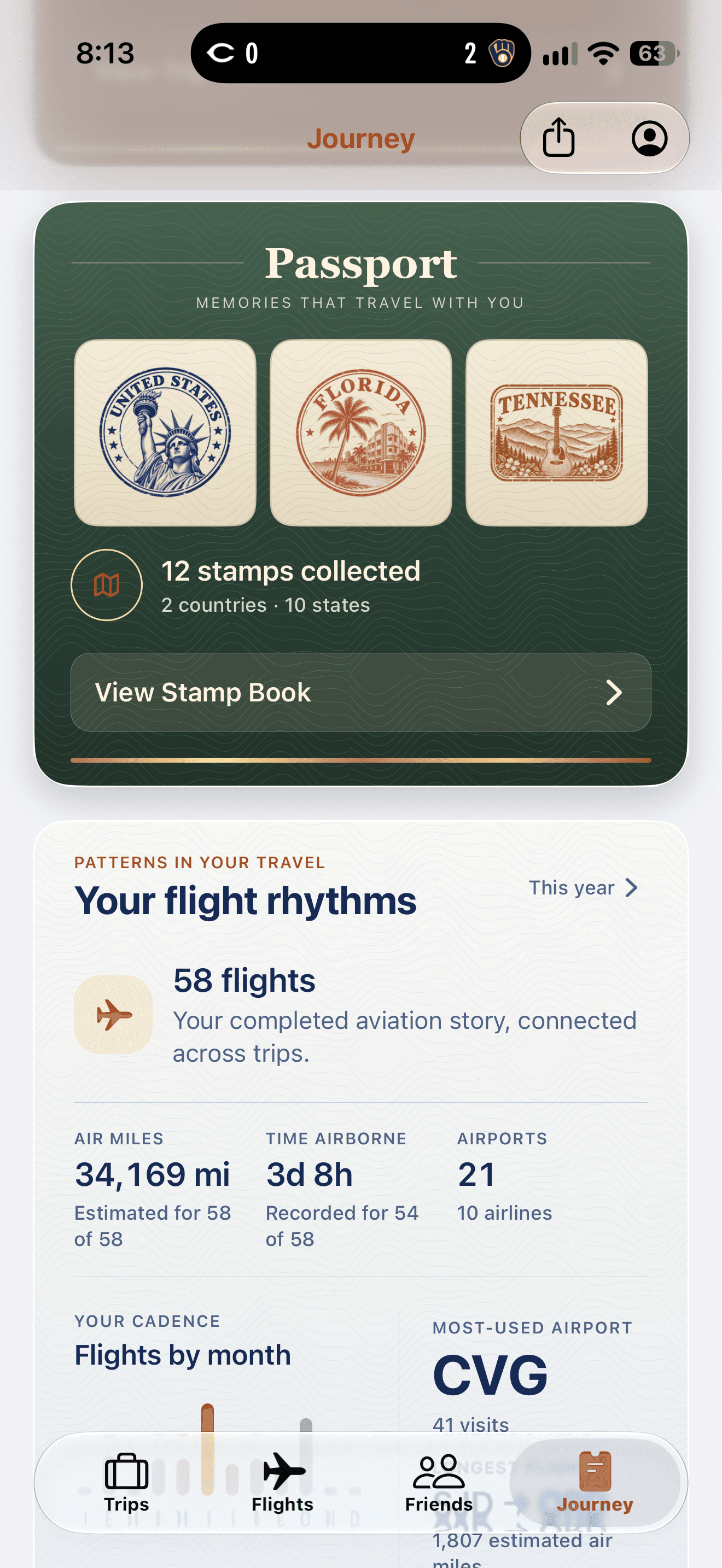 The green Trip360 passport card with collected destination stamps