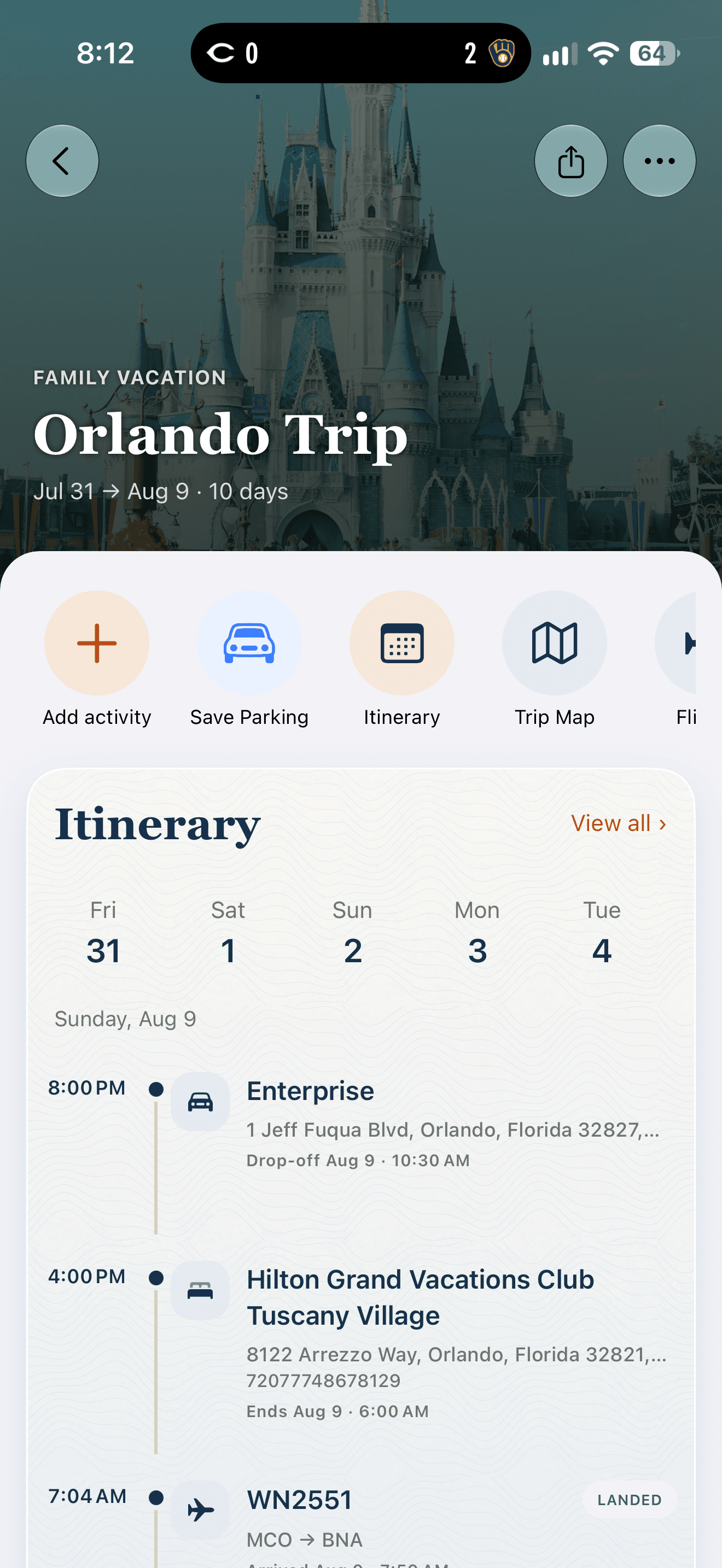 Trip360 trip details and itinerary screen